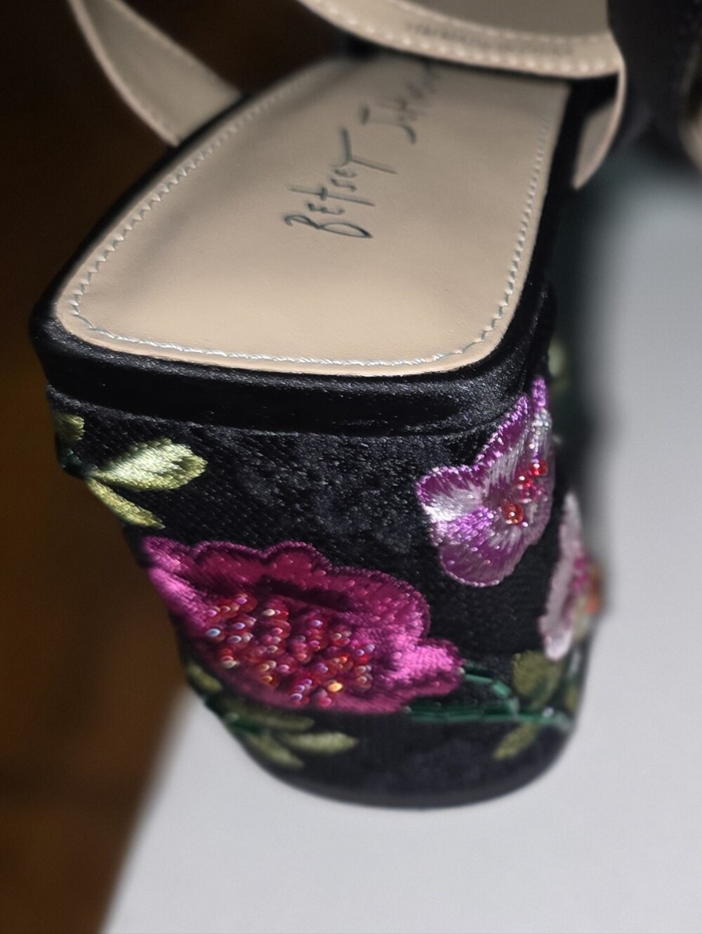 Betsey Johnson Black Floral Embroidered Mesh Block Heel Sandals - Picture 6 of 6